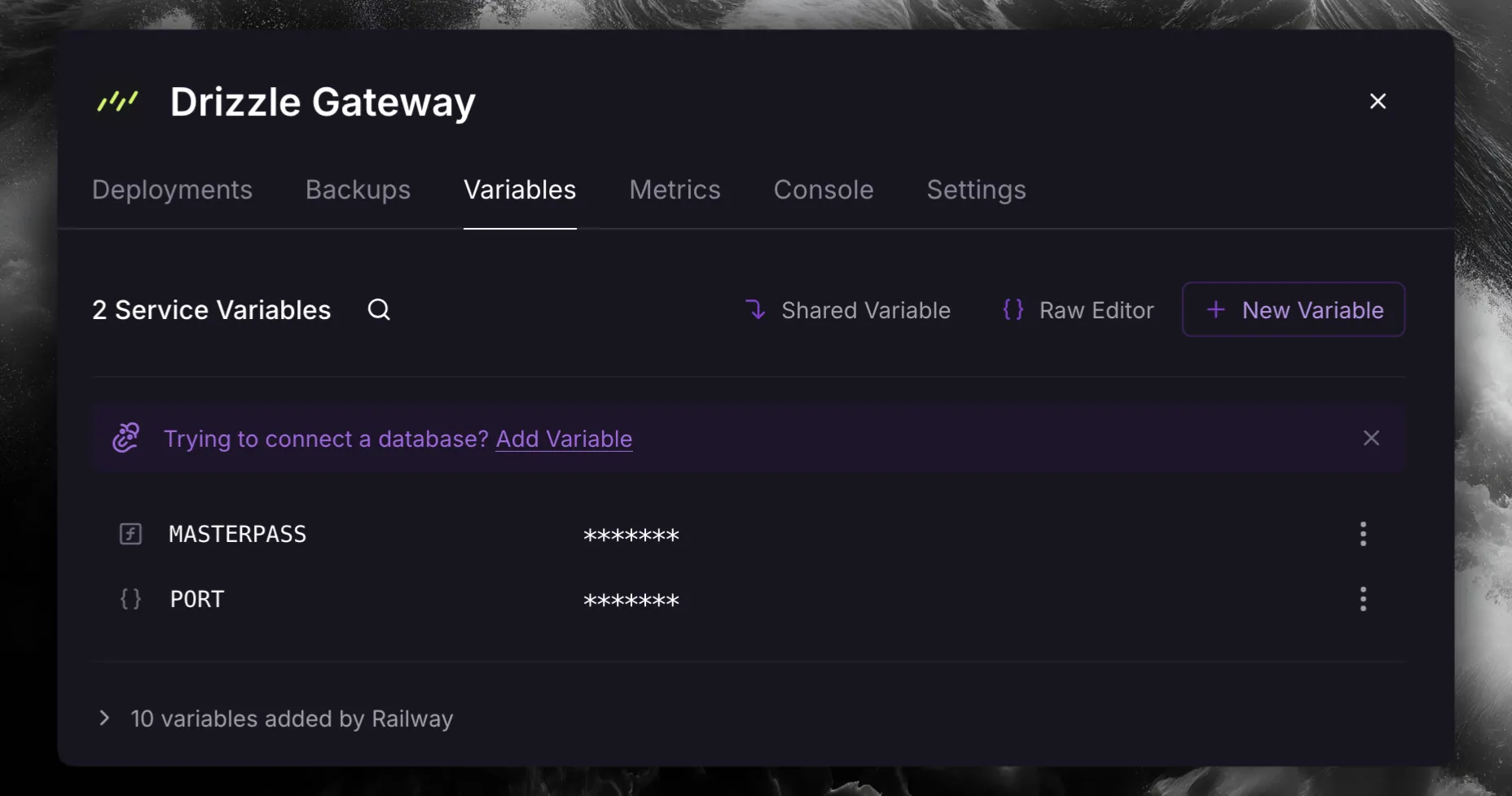 Drizzle Gateway Variables tab with MASTERPASS