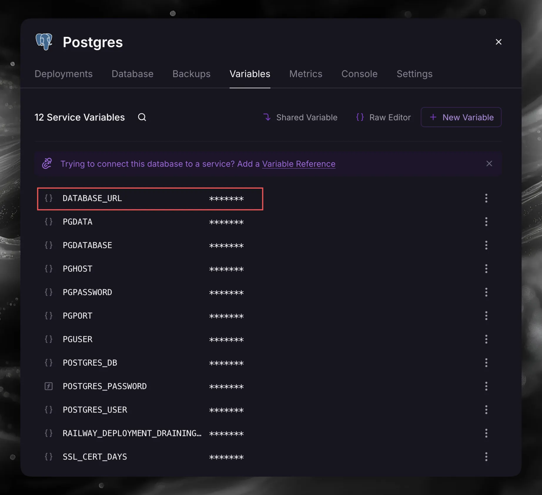 Postgres Variables tab with DATABASE_URL marked