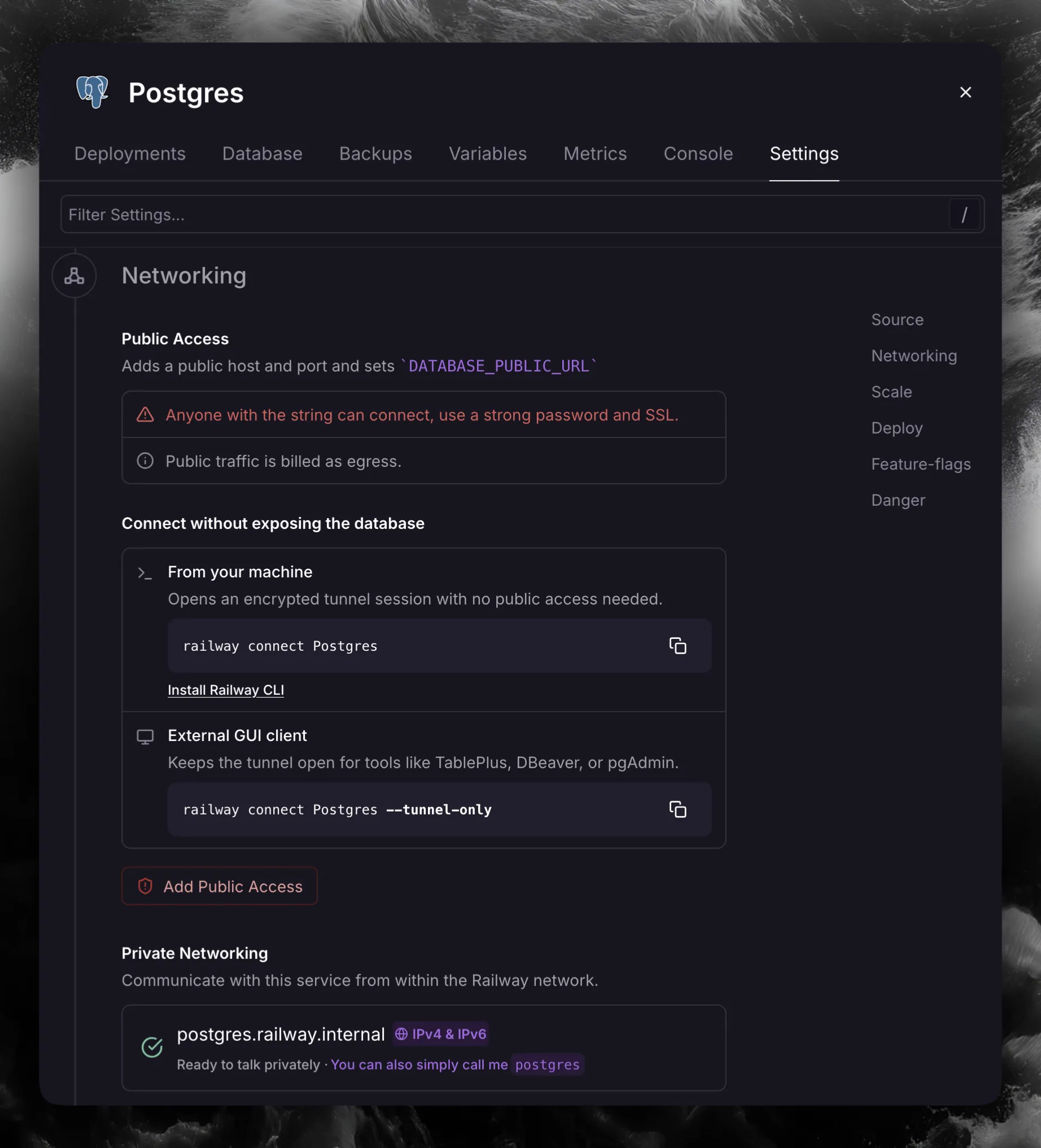Postgres Settings tab with no public access and the private domain postgres.railway.internal