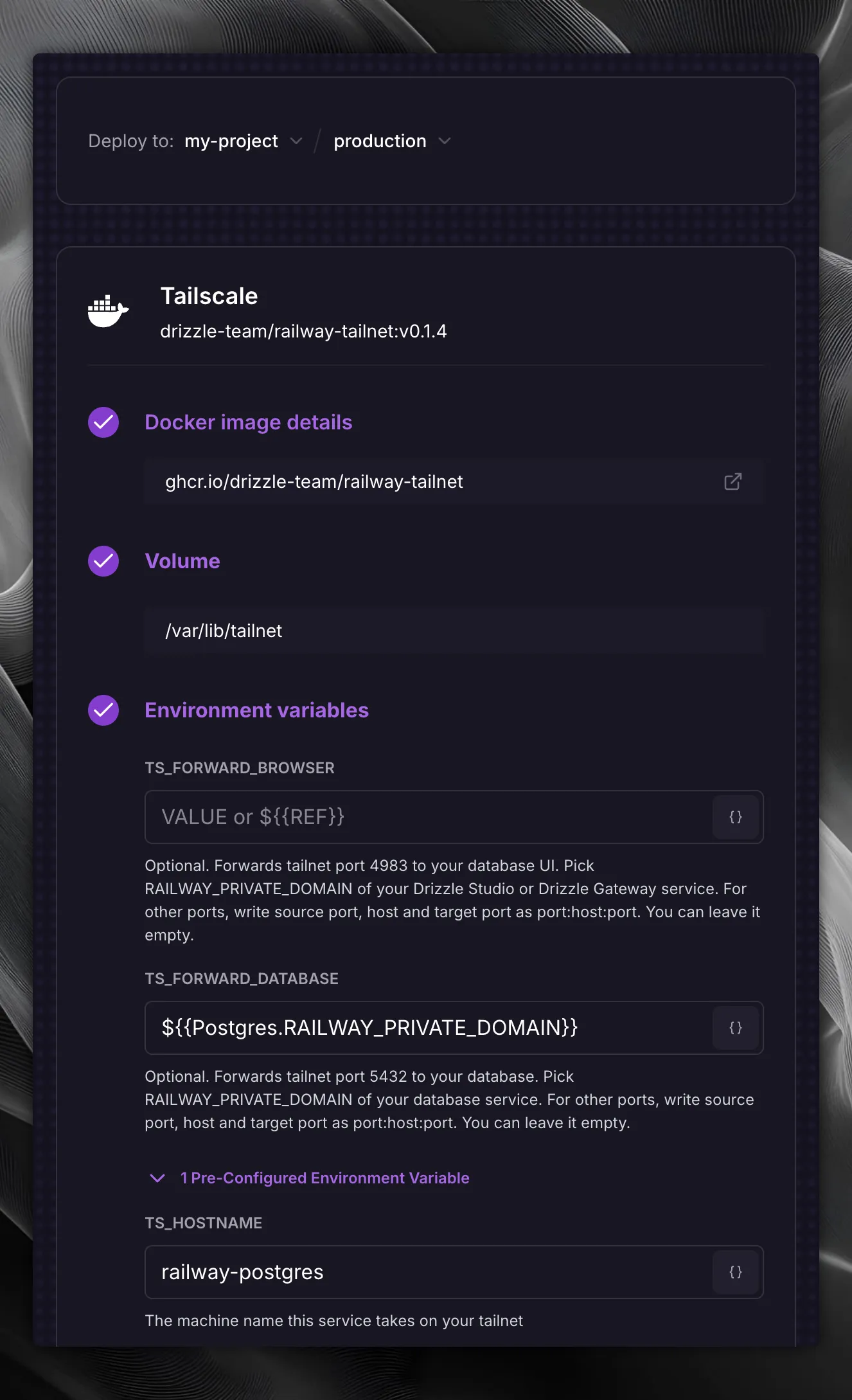 Tailscale for Drizzle deploy form with TS_FORWARD_DATABASE set to the Postgres private domain and TS_HOSTNAME set to railway-postgres