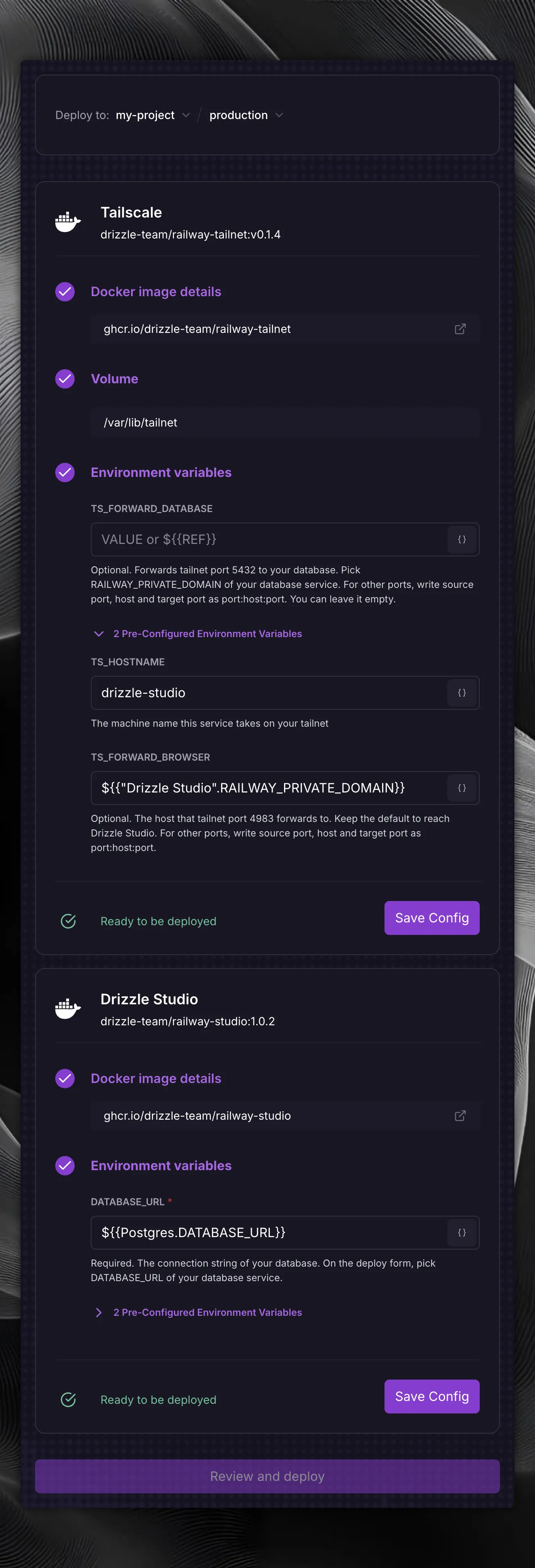 Drizzle Studio with Tailscale deploy form with DATABASE_URL set to the Postgres reference